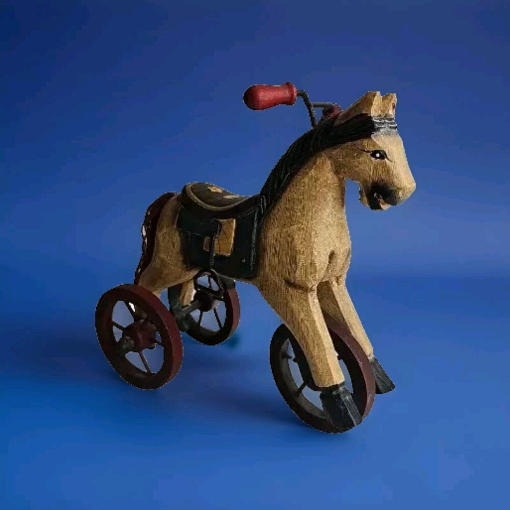 Vintage Wooden & Metal hand carved Horse Folk Art Horse Tricycle Saddle Stirrup